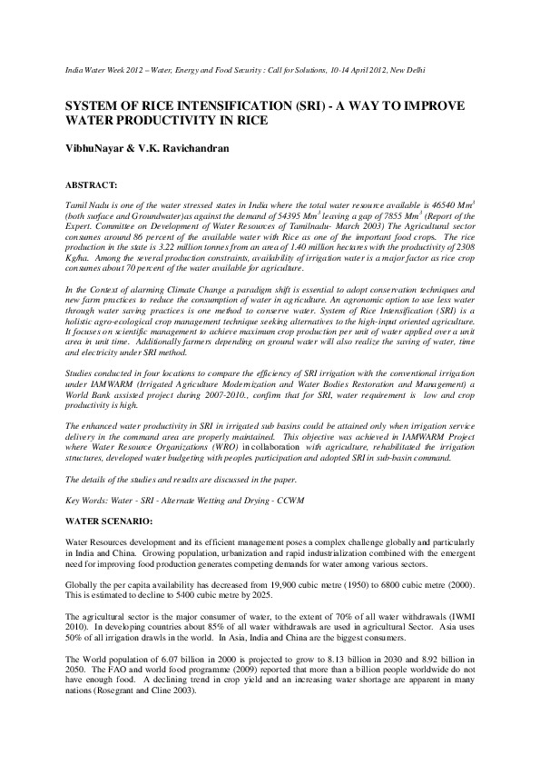 System of Rice Intensification (SRI) - A Way to Improve Water Productivity in Rice