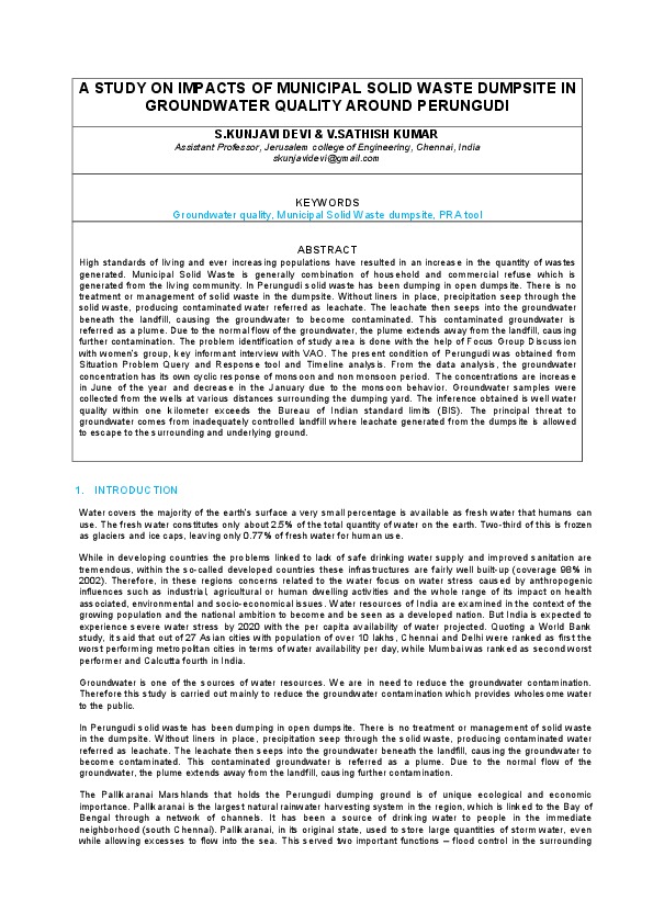 A STUDY ON IMPACTS OF MUNICIPAL SOLID WASTE DUMPSITE IN GROUNDWATER QUALITY AROUND PERUNGUDI