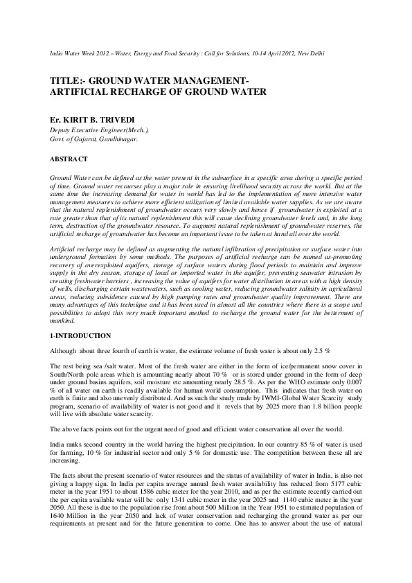 Ground Water Management - Artificial Recharge of Ground Water