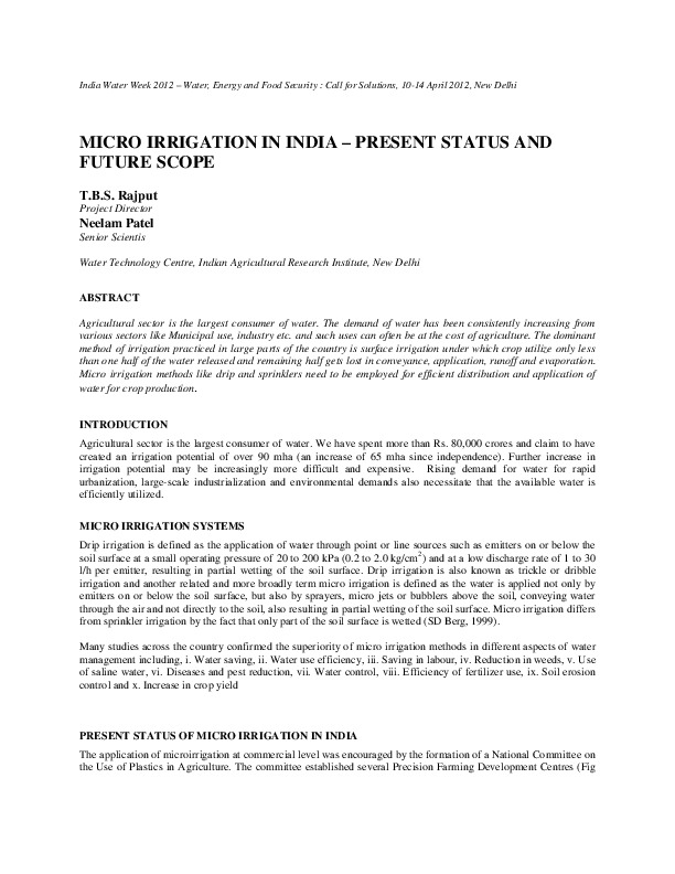 Micro Irrigation in India - Present Status and Future Scope