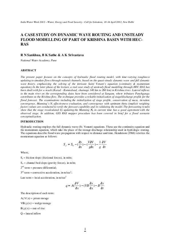 A Case Study on Dynamic Wave Routing and Unsteady Flood Modelling of Part of Krishna Basin With Hecras