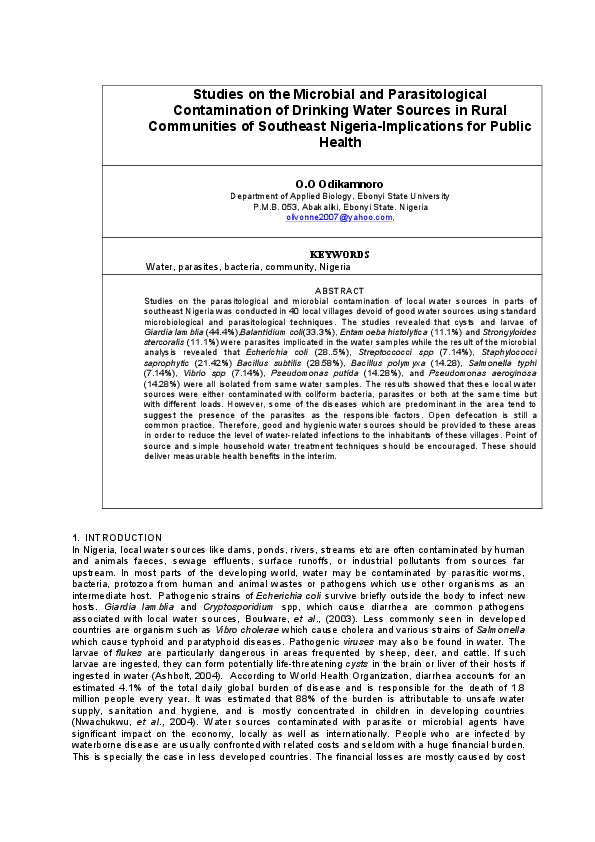 Studies on the Microbial and Parasitological Contamination of Drinking Water Sources in Rural Communities of Southeast Nigeria-Implications for Public Health