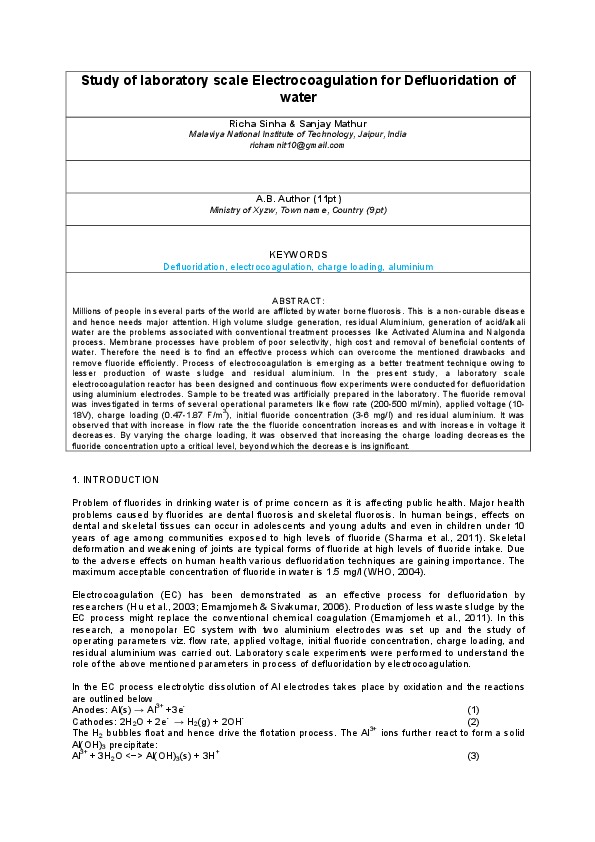 Study of laboratory scale Electrocoagulation for Defluoridation of water