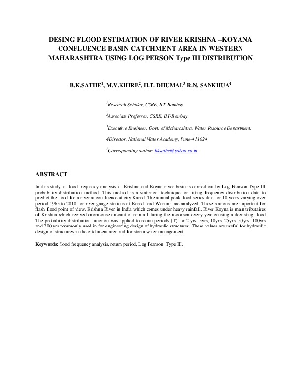 Desing Flood Estimation of River Krishna - Koyana Confluence Basin Catchment Area in Western Maharashtra Using Log Person Type III Distribution