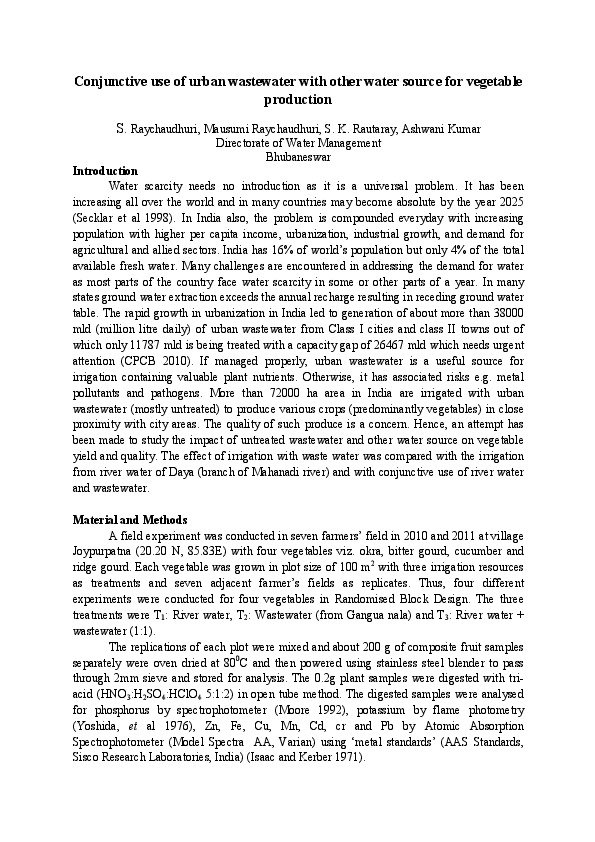 Conjunctive use of urban wastewater with other water source for vegetable production