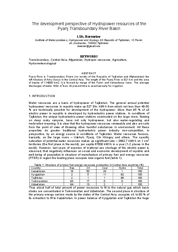 The development perspective of Hydropower resources of the Pyanj Transboundary River Basin