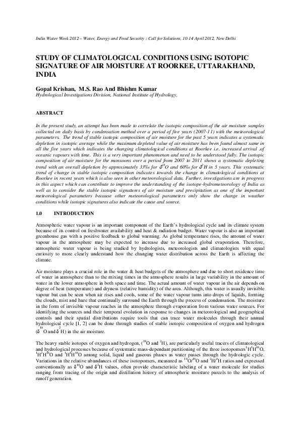 Study of Climatological Conditions Using Isotopic Signature of Air Moisture at Roorkee, Uttarakhand, India