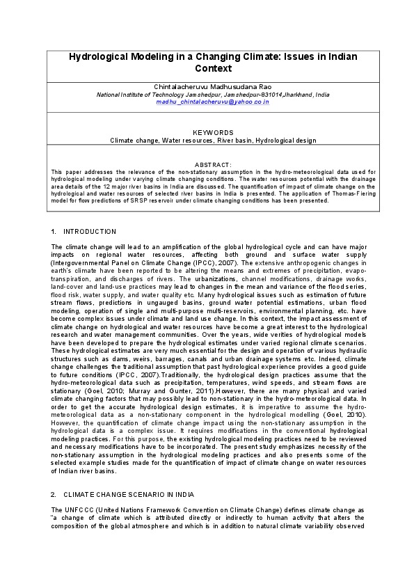 Hydrological Modeling in a Changing Climate: Issues in Indian Context