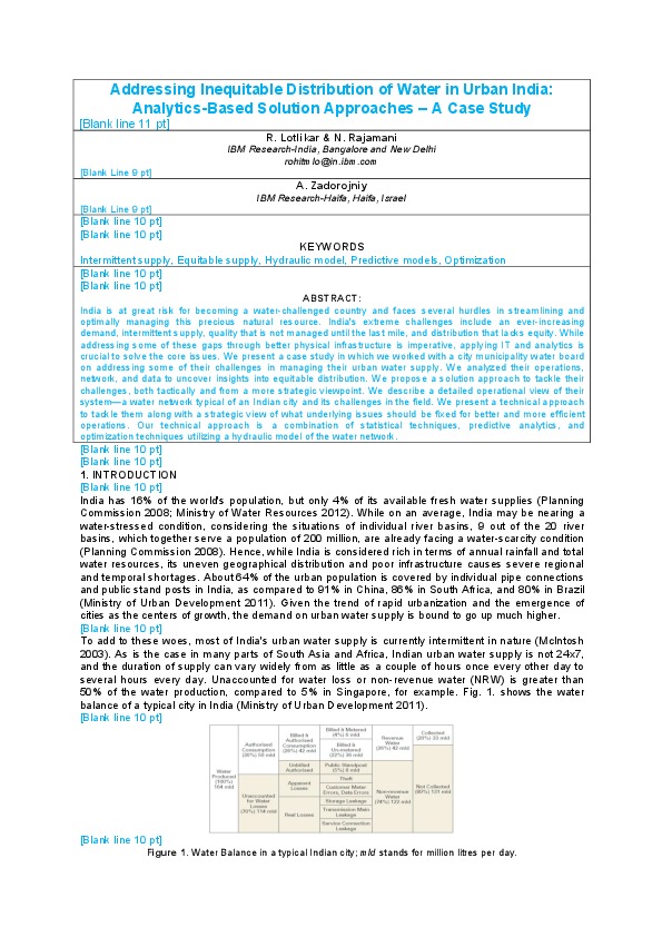 Addressing Inequitable Distribution of Water in Urban India: Analytics-Based Solution Approaches – A Case Study