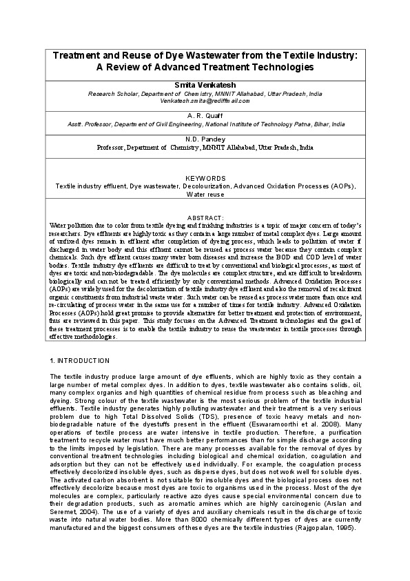 Treatment and Reuse of Dye Wastewater from the Textile Industry: A Review of Advanced Treatment Technologies