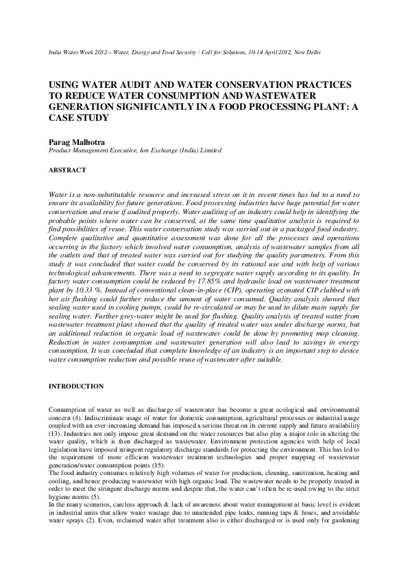 Using Water Audit and Water Conservation Practices to Reduce Water Consumption and Wastewater Generation Significantly in a Food Processing Plant: A Case Study