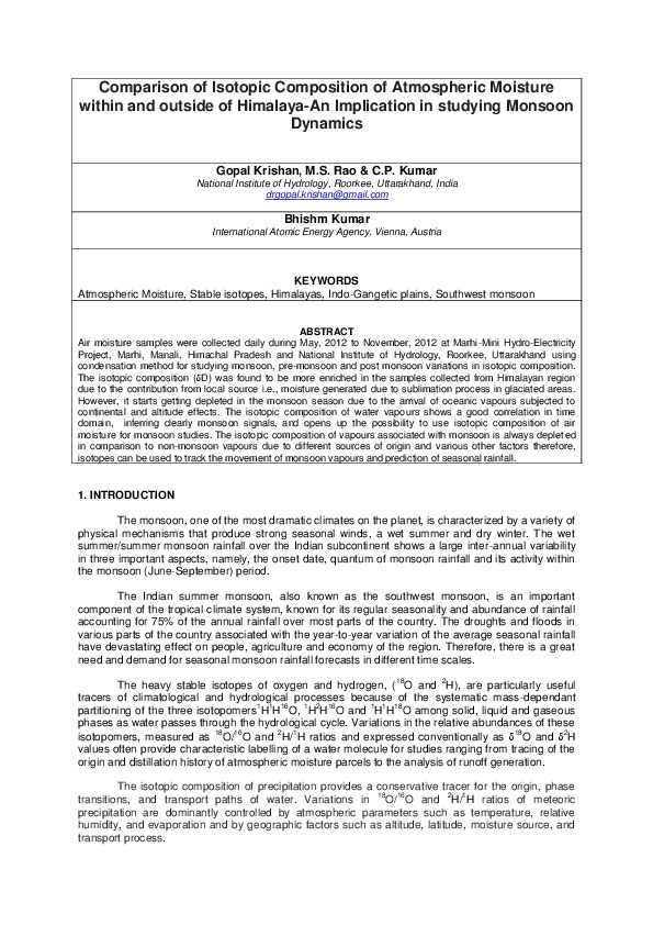 Comparison of Isotopic Composition of Atmospheric Moisture within and outside of Himalaya-An Implication in studying Monsoon Dynamics