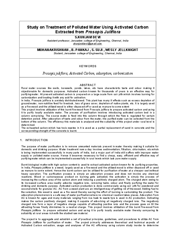 Study on Treatment of Polluted Water Using Activated Carbon Extracted from Prosopis Juliflora