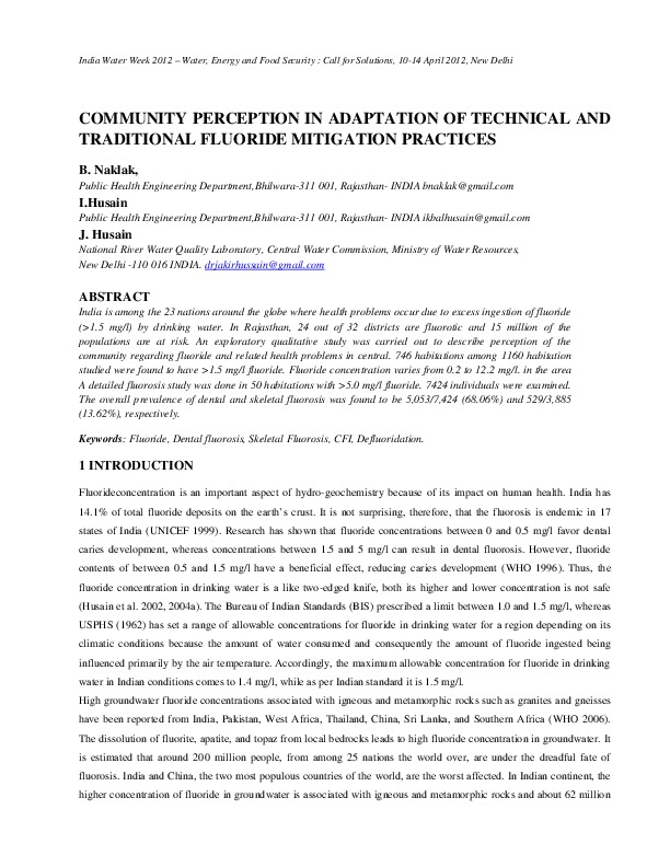 Community Perception in Adaptation of Technical and Traditional Flouride Mitigation Practices