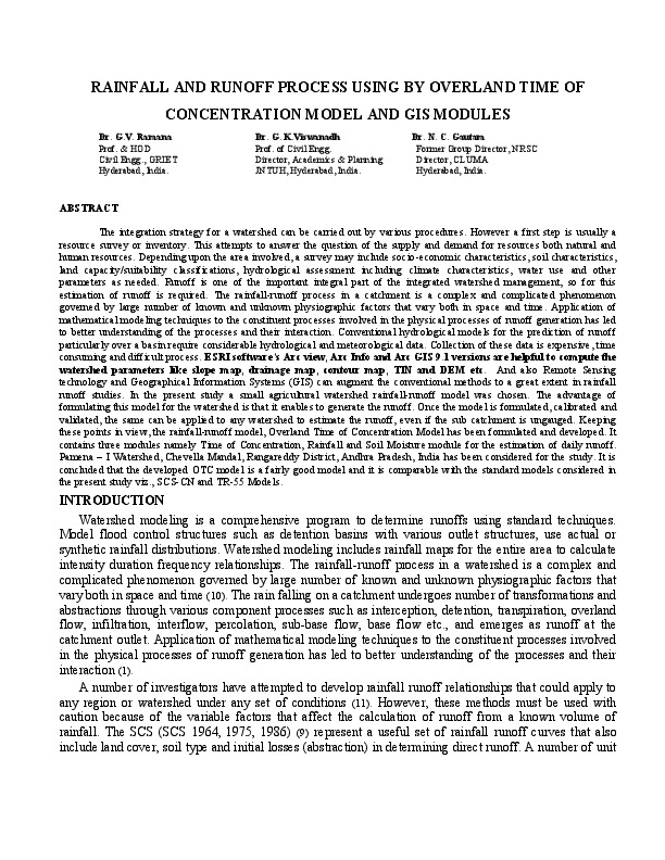 RAINFALL AND RUNOFF PROCESS USING BY OVERLAND TIME OF CONCENTRATION MODEL AND GIS MODULES