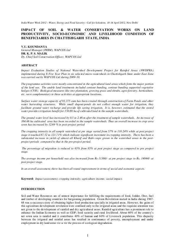 Impact of Soil & Water Conservation Works on Land Productivity, Socio-Economic and Livelihood Condition of Beneficiaries in Chattishgarh State, India