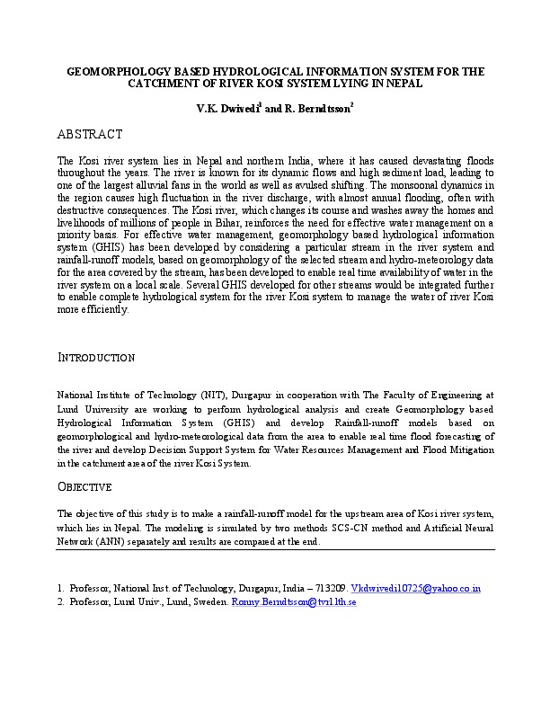 GEOMORPHOLOGY BASED HYDROLOGICAL INFORMATION SYSTEM FOR THE CATCHMENT OF RIVER KOSI SYSTEM LYING IN NEPAL