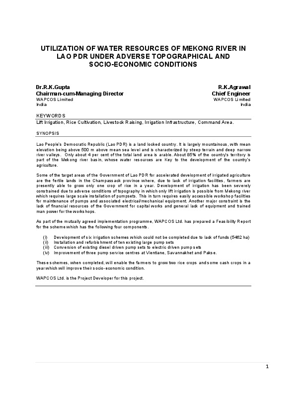 UTILIZATION OF WATER RESOURCES OF MEKONG RIVER IN LAO PDR UNDER ADVERSE TOPOGRAPHICAL AND SOCIO-ECONOMIC CONDITIONS