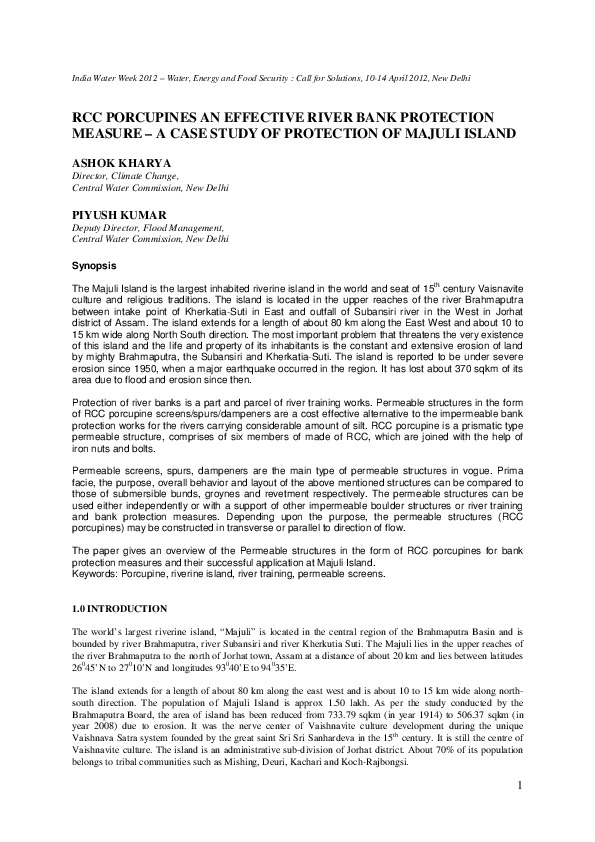 RCC Porcupines an Effective River Bank Protection Measure - A Case Study of Protection of Majuli Island