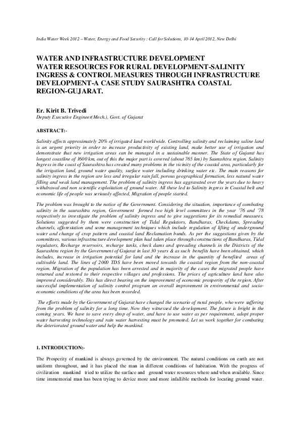 Water and Infrastructure Development Water Resources for Rural Development-Salinity Ingress & Control Measures Through Infrastructure Development - A Case Study Saurashtra Coastal Region - Gujarat