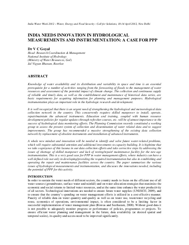 India Needs Innovation in Hydrological Measurements and Instrumentation: A Case for PPP