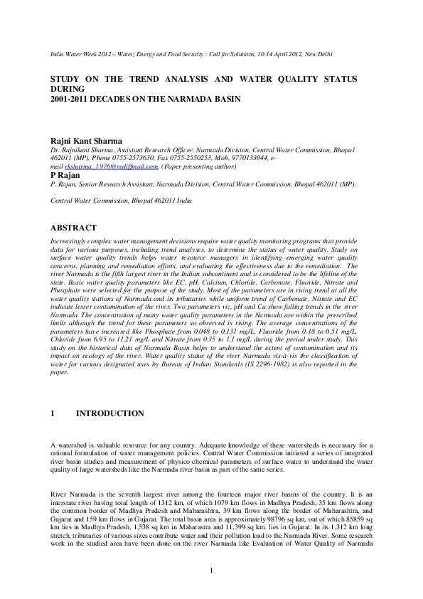 Study on the Trend Analysis and Water Quality Status During 2001-2011 Decades on the Narmada Basin