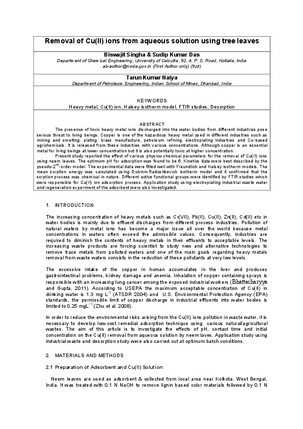 Removal of Cu(II) ions from aqueous solution using tree leaves