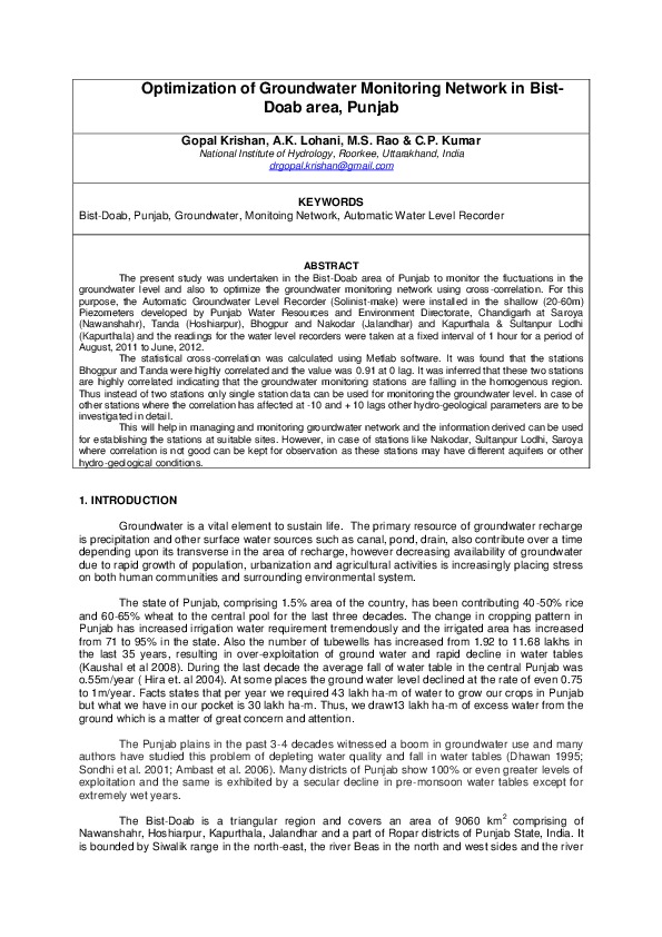 Optimization of Groundwater Monitoring Network in Bist- Doab area, Punjab