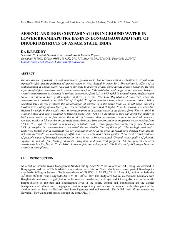 Arsenic and Iron Contamination in Ground Water in Lower Bramhaputra Basin in Bongaigaon and Part of Dhubri Districts of Assam State, India