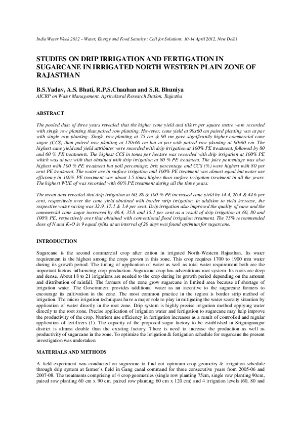 Studies on Drip Irrigation and Fertigation in Sugarcane in Irrigated North Western Plain Zone of Rajasthan