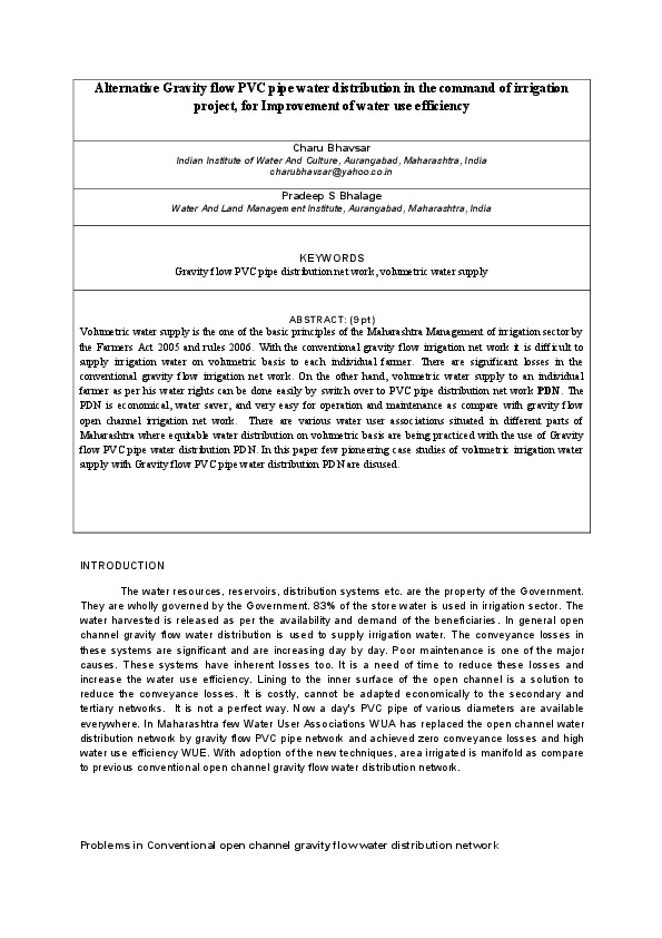 Alternative Gravity flow PVC pipe water distribution in the command of irrigation project, for Improvement of water use efficiency