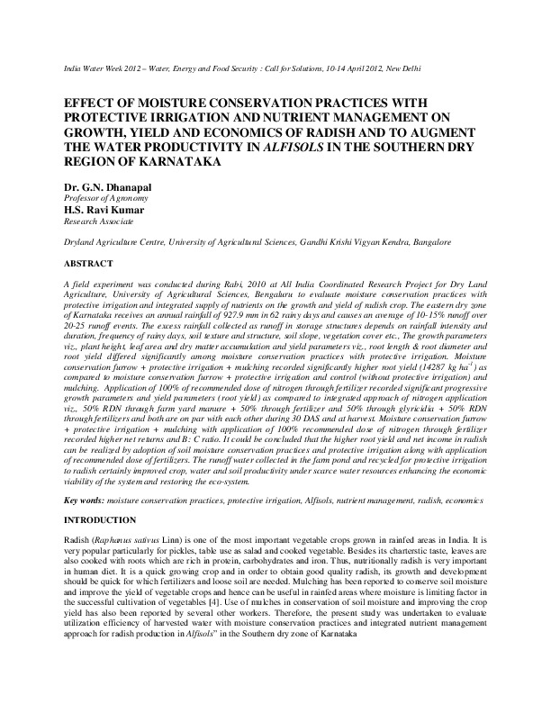 Effect of Moisture Conservation Practices With Protective Irrigation and Nutrient Management on Growth, Yield and Economics of Radish and to Augment the Water Productivity in Alfisols in the Southern Dry Region of Karnataka