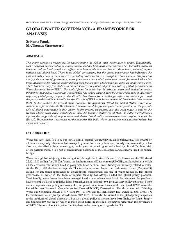 Global Water Governance - A Framework for Analysis