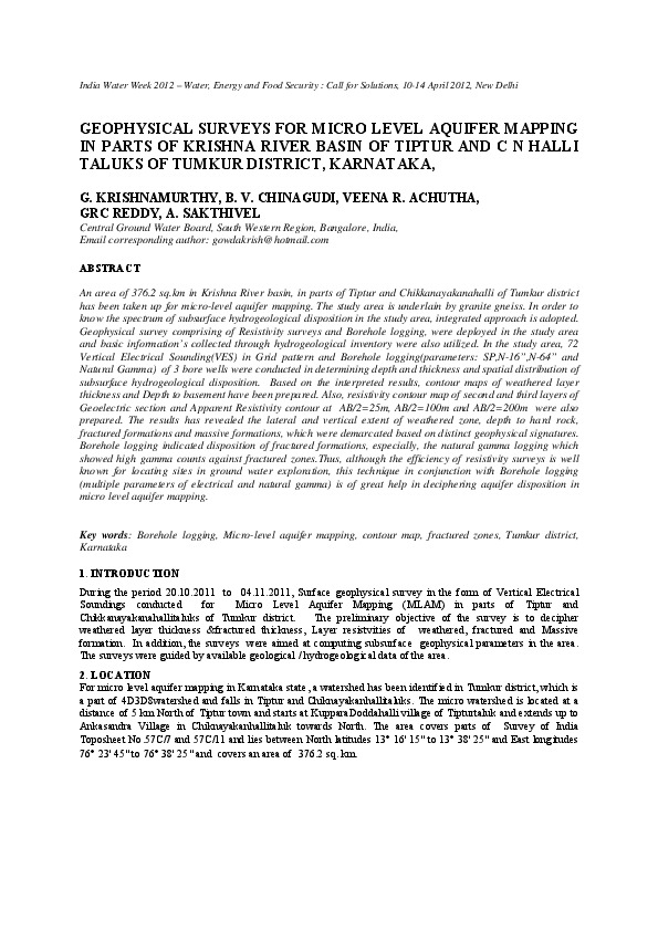 Geophysical Surveys For Micro Level Aquifier Mapping In Parts Of Krishna River Basin of Tiptur and C N Halli Taluks of Tumkur District, Karnataka