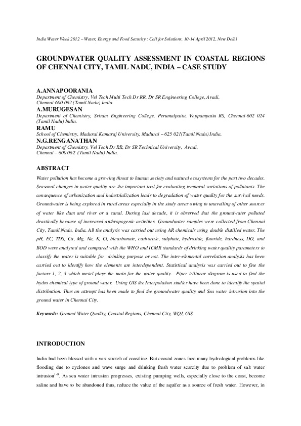 Groundwater Quality Assessment in Coastal Regions of Chennai City, Tamil Nadu, India - Case Study