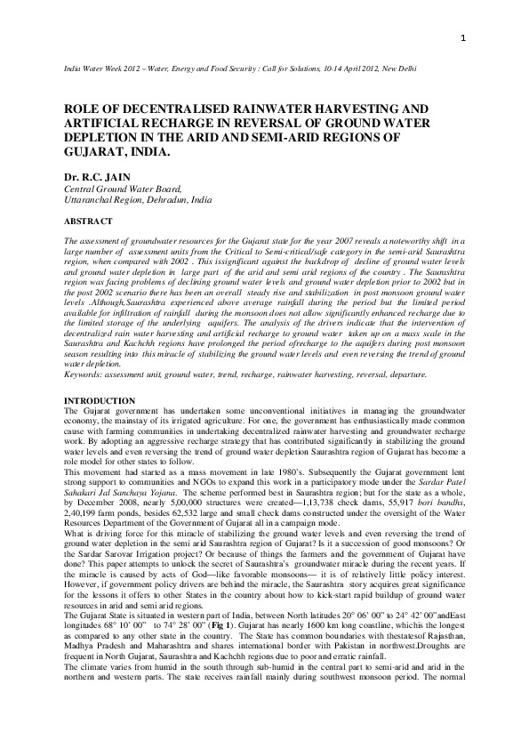 Role of Decentralised Rainwater Harvesting and Artificial Recharge in Reversal of Ground Water Depletion in the Arid and Semi-Arid Regions of Gujarat, India