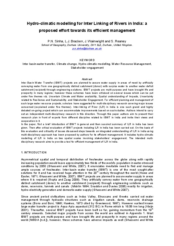 Hydro-climatic modelling for Inter Linking of Rivers in India: a proposed effort towards its efficient management