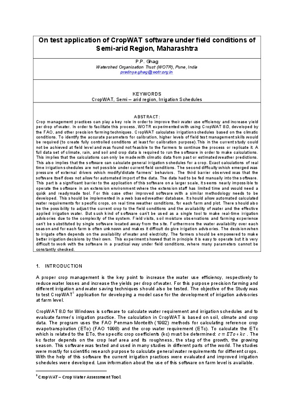 On test application of CropWAT software under field conditions of Semi-arid Region, Maharashtra