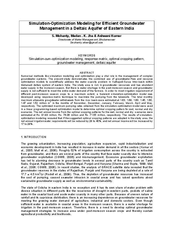 Simulation-Optimization Modeling for Efficient Groundwater Management in a Deltaic Aquifer of Eastern India