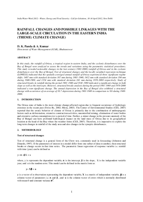 Rainfall Changes and Possible Linkages with the Large-Scale Circulation in the Eastern India