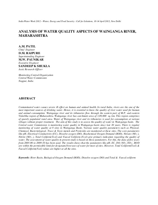 Analysis of Water Quality Aspects of Wainganga River, Maharashtra