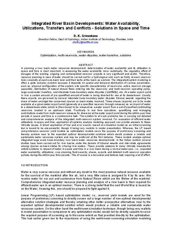 Integrated River Basin Developments: Water Availability, Utilizations, Transfers and Conflicts - Solutions in Space and Time