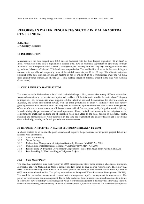 Reforms in Water Resources Sector in Maharashtra State, India