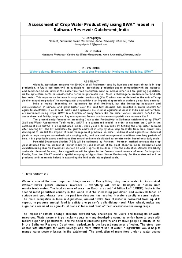 Assessment of Crop Water Productivity using SWAT model in Sathanur Reservoir Catchment, India