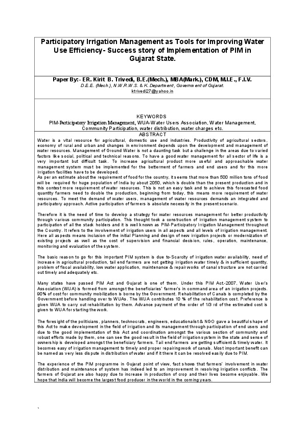 Participatory Irrigation Management as Tools for Improving Water Use Efficiency- Success story of Implementation of PIM in Gujarat State