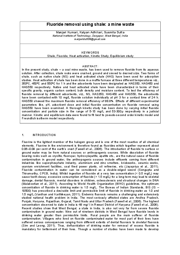 Fluoride removal using shale: a mine waste