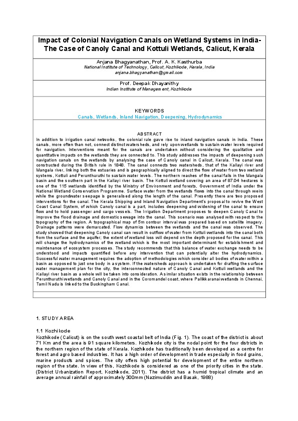 Impact of Colonial Navigation Canals on Wetland Systems in India- The Case of Canoly Canal and Kottuli Wetlands, Calicut, Kerala