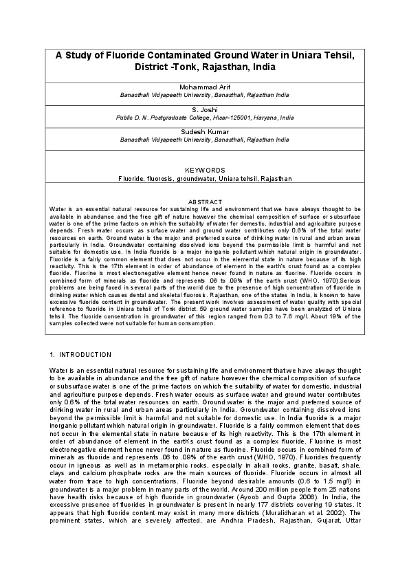 A Study of Fluoride Contaminated Ground Water in Uniara Tehsil, District -Tonk, Rajasthan, India