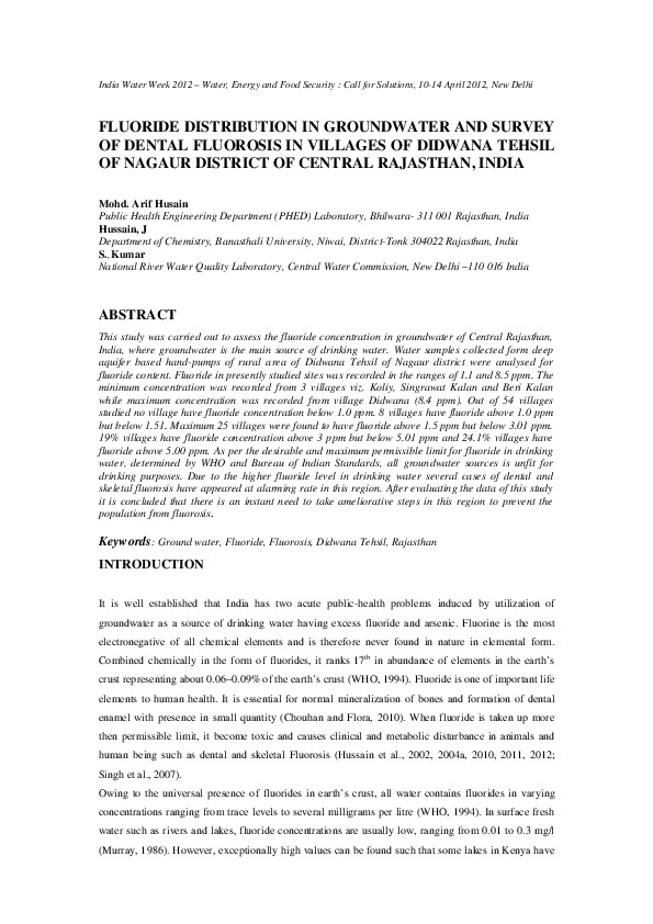 Flouride Distribution in Groundwater and Survey of Dental Flourosis in Vilages of Didwana Tehsil of Nagaur District of Central Rajasthan, India