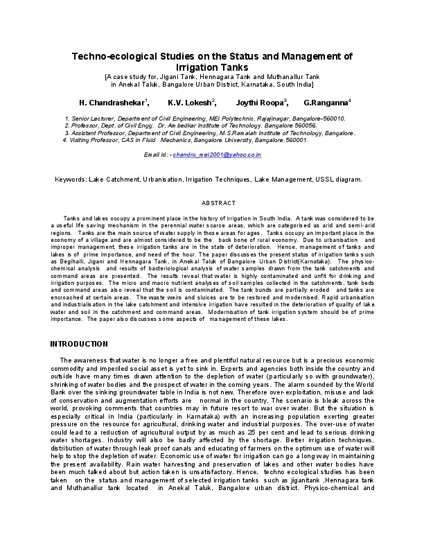 Techno-ecological Studies on the Status and Management of Irrigation Tanks